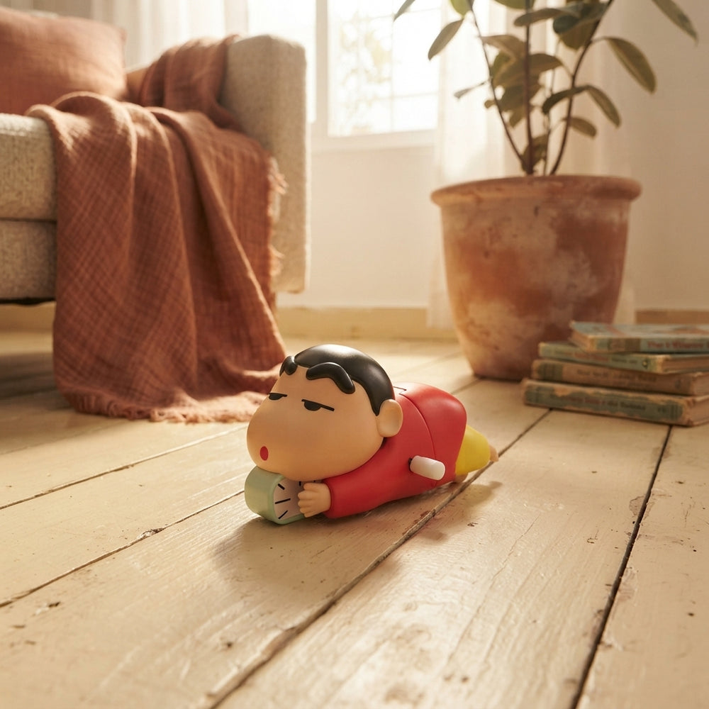 Shinchan crawling toy placed on a warm cream wooden floor in a sunlit living room with terracotta accents.