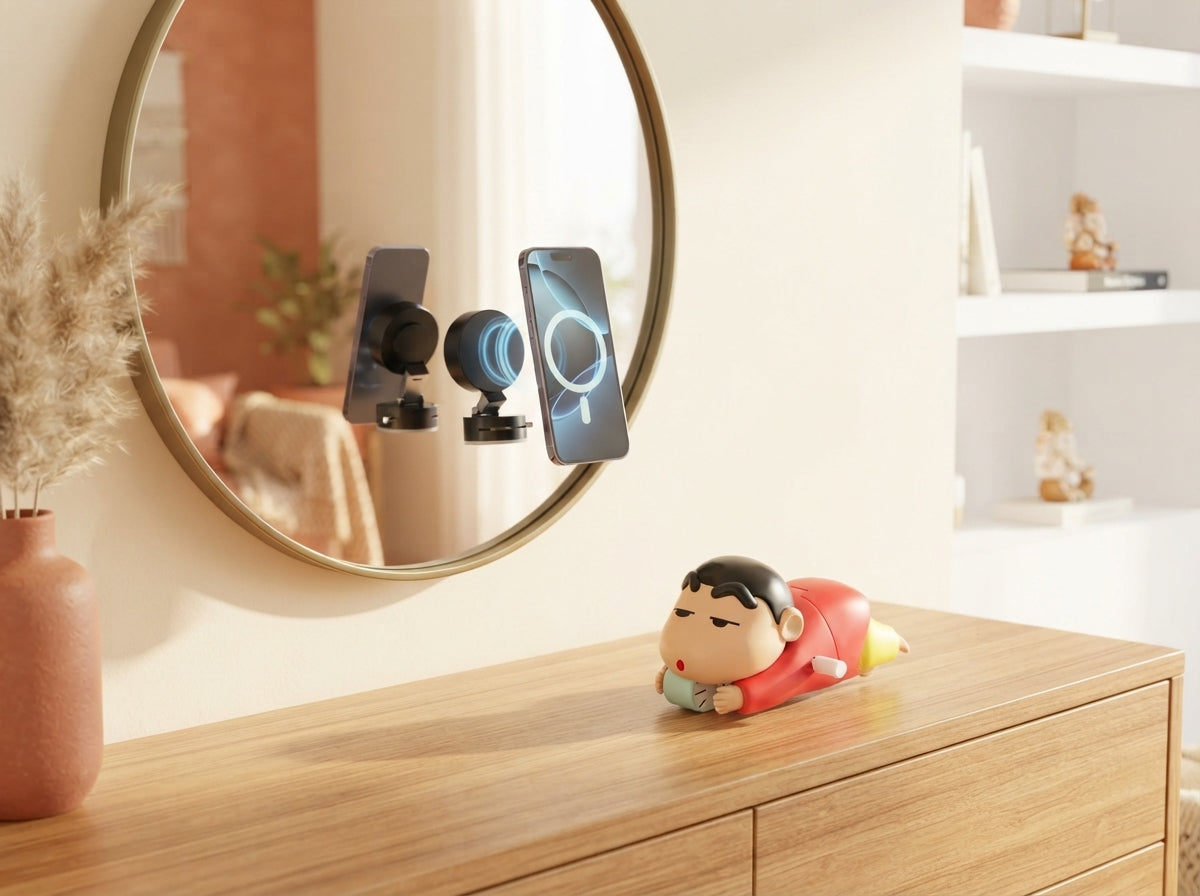Shinchan crawling toy and vacuum magnetic phone holder arranged on a surface in a sunlit Indian home interior.